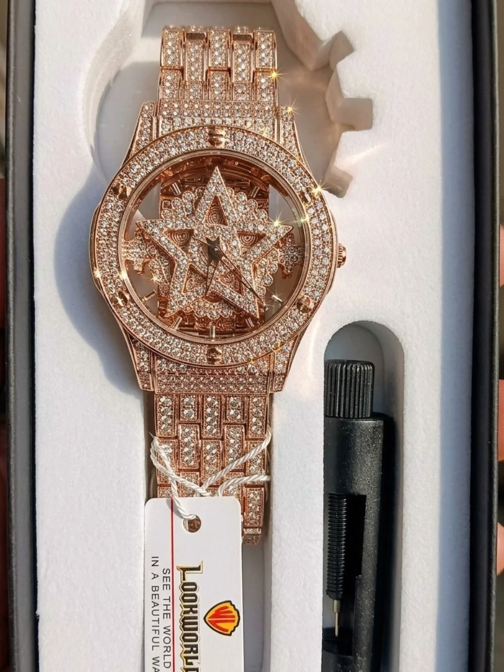 Rose Gold Star Crystal Bracelet Watch With Spinning Star From Lookworld w/Tag